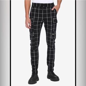 Hot topic black white grid plaid cargo pull on pants mens S goth punk